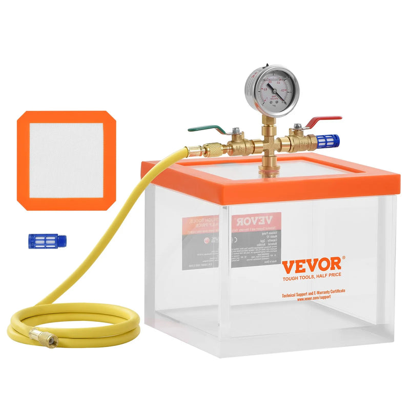 VEVOR 7,6 l vakuuma kamera, uzlabota daudzfunkcionāla akrila vakuuma degazēšanas kamera ar caurspīdīgu korpusu, paredzēta sveķu, silikona gēla un ģipša degazēšanai, kā arī vakuuma ekstrakcijai
