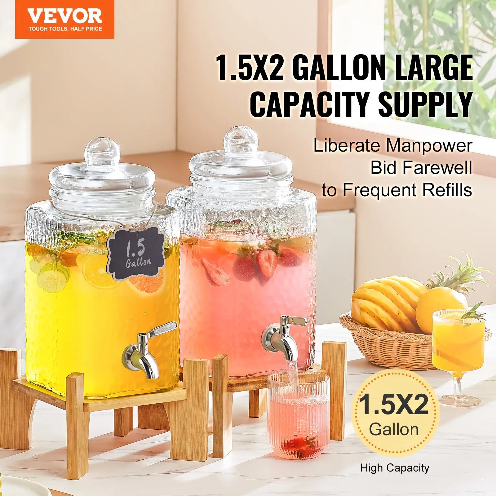 VEVOR dzērienu dozators, 5,68 L stikla sulas trauks ar statīvu un nerūsējošā tērauda krānu, piemērots tējai, limonādei, sulai un ūdenim restorāniem, viesnīcām un pasākumiem