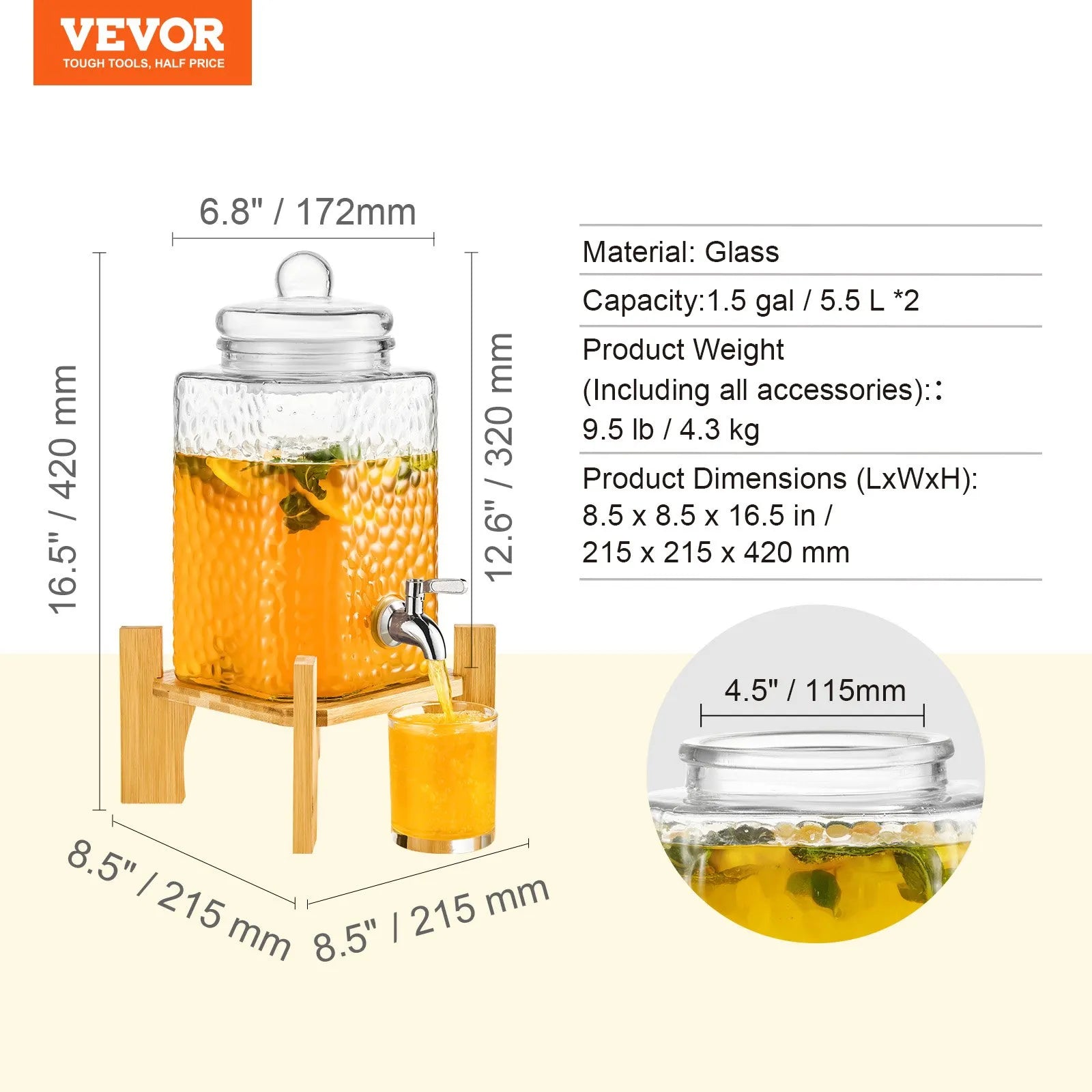 VEVOR dzērienu dozators, 5,68 L stikla sulas trauks ar statīvu un nerūsējošā tērauda krānu, piemērots tējai, limonādei, sulai un ūdenim restorāniem, viesnīcām un pasākumiem