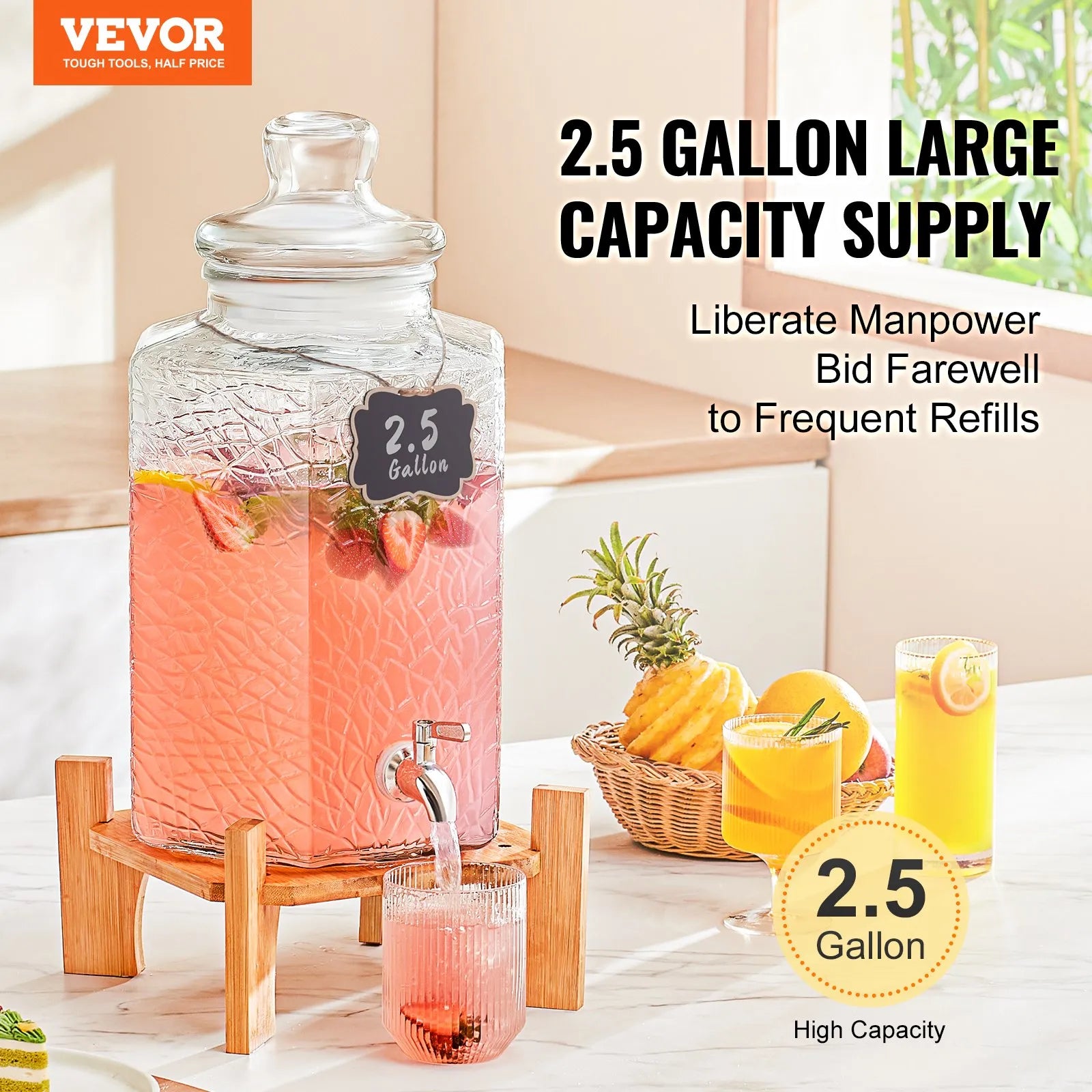 VEVOR dzērienu dozators, 9,46 L stikla sulas trauks ar statīvu, nerūsējošā tērauda krāns, piemērots tējai, limonādei, sulai un ūdenim restorāniem, viesnīcām un pasākumiem