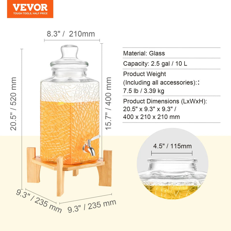 VEVOR dzērienu dozators, 9,46 L stikla sulas trauks ar statīvu, nerūsējošā tērauda krāns, piemērots tējai, limonādei, sulai un ūdenim restorāniem, viesnīcām un pasākumiem