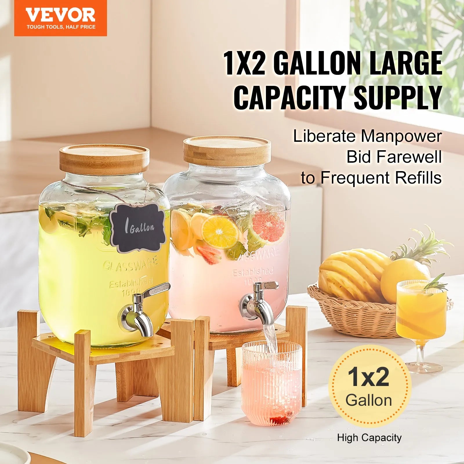 VEVOR dzērienu dozators, 3,8 L stikla dzērienu trauks ar statīvu un nerūsējošā tērauda krānu, piemērots tējai, limonādei, sulai un ūdenim — restorāniem, viesnīcām un pasākumiem