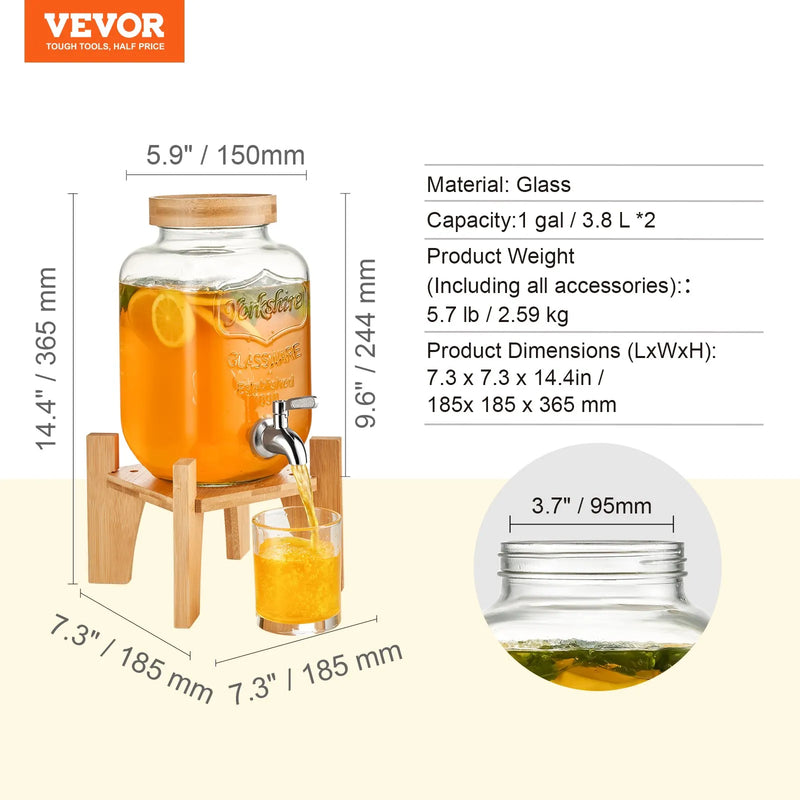 VEVOR dzērienu dozators, 3,8 L stikla dzērienu trauks ar statīvu un nerūsējošā tērauda krānu, piemērots tējai, limonādei, sulai un ūdenim — restorāniem, viesnīcām un pasākumiem