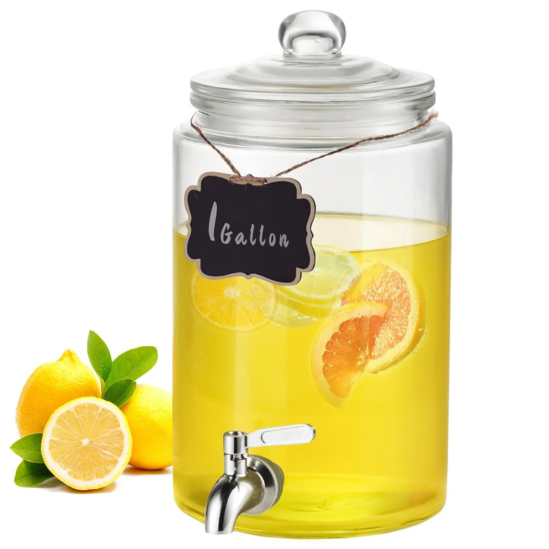 VEVOR stikla dzērienu dozators ar nerūsējošā tērauda krānu, 3,8 L tilpums, piemērots sulām, limonādei, ledus tējai, ūdenim; piemērots restorāniem, viesnīcām un pasākumiem