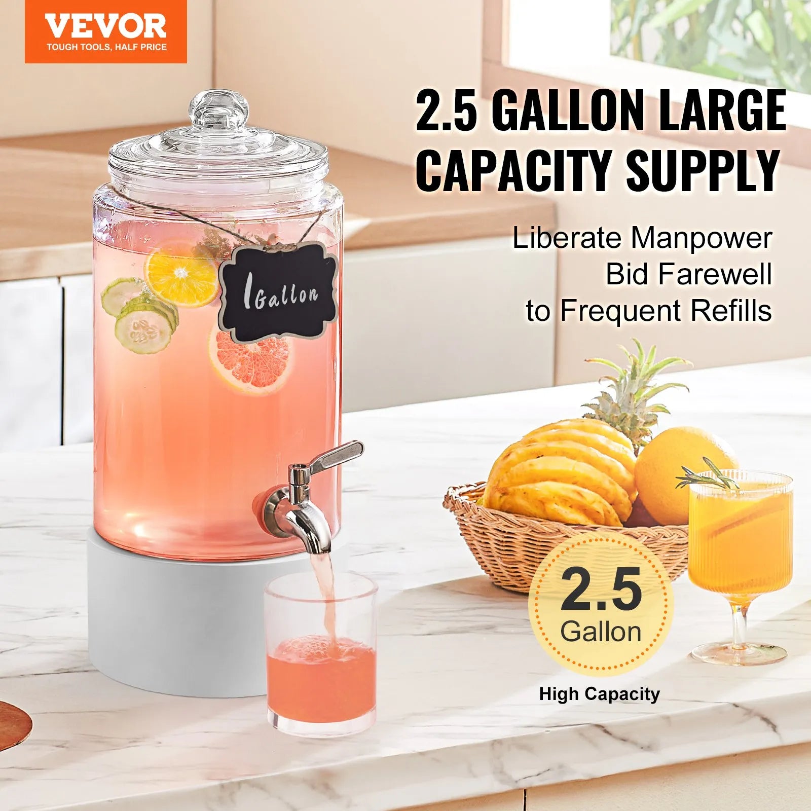 VEVOR stikla dzērienu dozators ar nerūsējošā tērauda krānu, 3,8 L tilpums, piemērots sulām, limonādei, ledus tējai, ūdenim; piemērots restorāniem, viesnīcām un pasākumiem