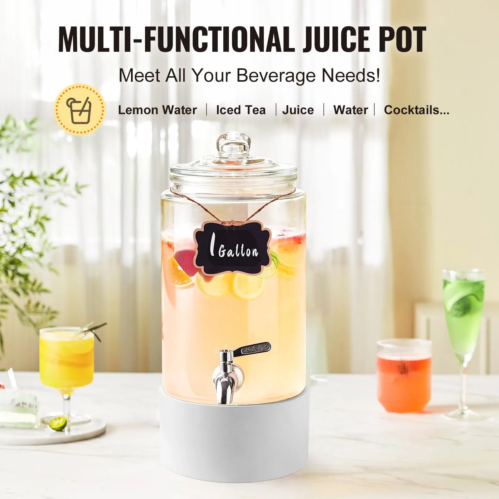 VEVOR stikla dzērienu dozators ar nerūsējošā tērauda krānu, 3,8 L tilpums, piemērots sulām, limonādei, ledus tējai, ūdenim; piemērots restorāniem, viesnīcām un pasākumiem