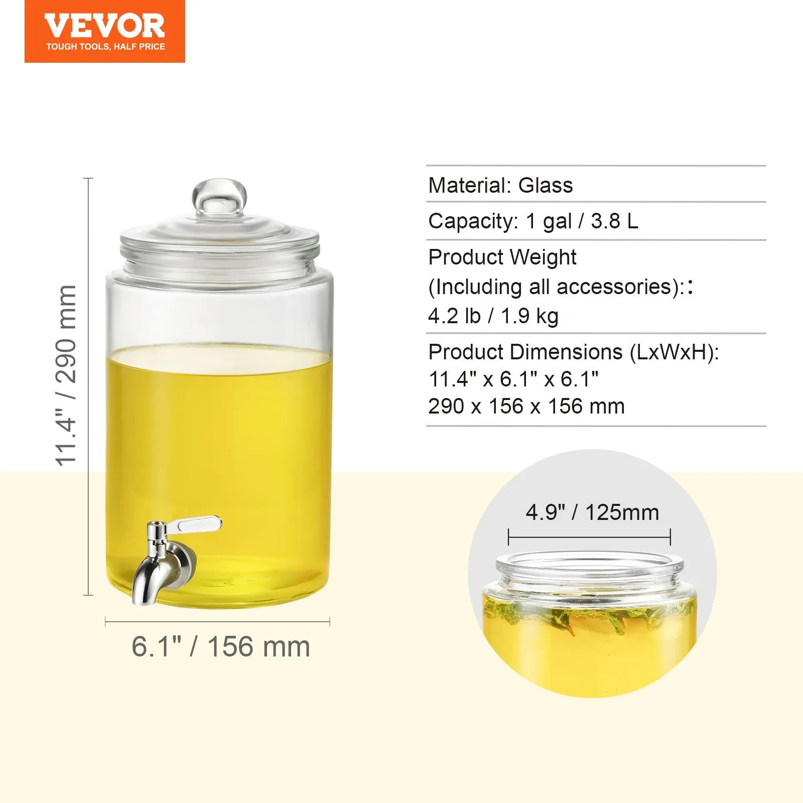 VEVOR stikla dzērienu dozators ar nerūsējošā tērauda krānu, 3,8 L tilpums, piemērots sulām, limonādei, ledus tējai, ūdenim; piemērots restorāniem, viesnīcām un pasākumiem