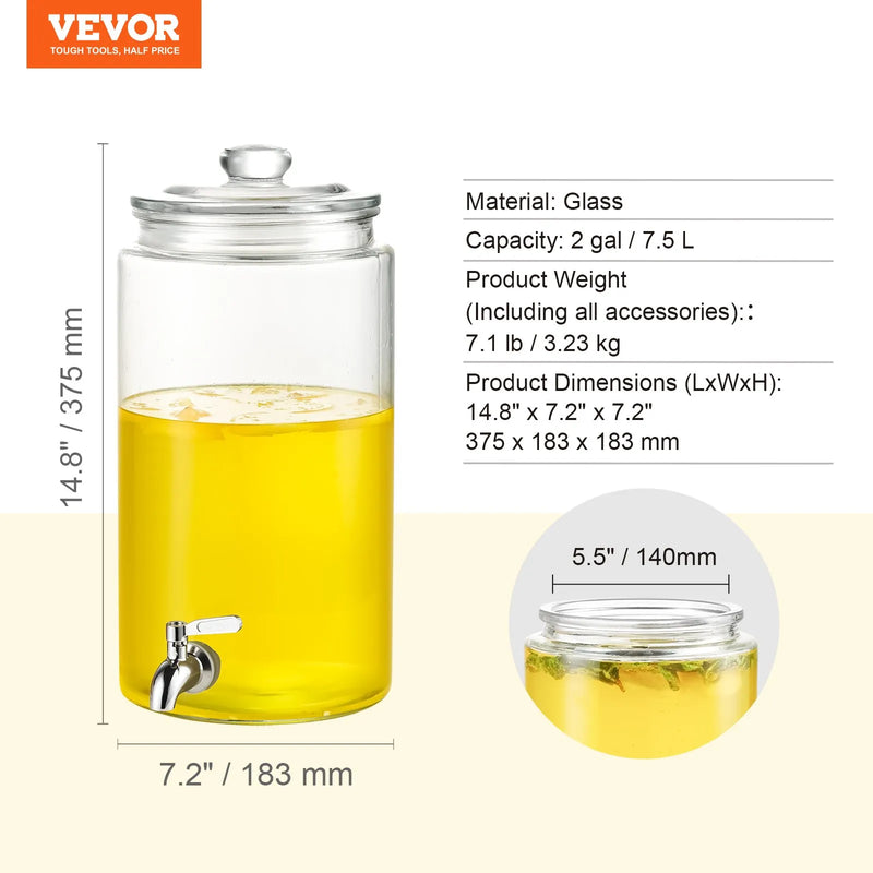 VEVOR dzērienu dozators, 7,57 L stikla sulas trauks ar nerūsējošā tērauda krānu, piemērots tējai, limonādei, sulai un ūdenim restorāniem, viesnīcām un pasākumiem