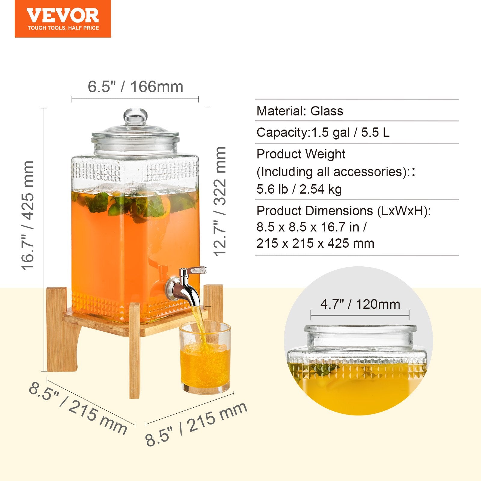 VEVOR dzērienu dozators, 5,7 L stikla tvertne ar statīvu, nerūsējošā tērauda krāns, piemērots sulām, ledus tējai, limonādei, ūdenim, restorāniem un pasākumiem
