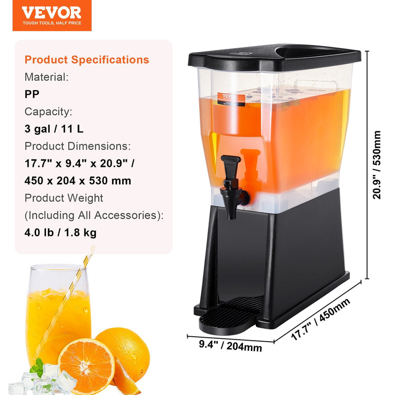 VEVOR dzērienu dozators, 11,4 L tilpuma plastmasas dzērienu trauks ar statīvu, krānu un vāku, piemērots tējai, limonādei, sulai un ūdenim — restorāniem, viesnīcām un pasākumiem