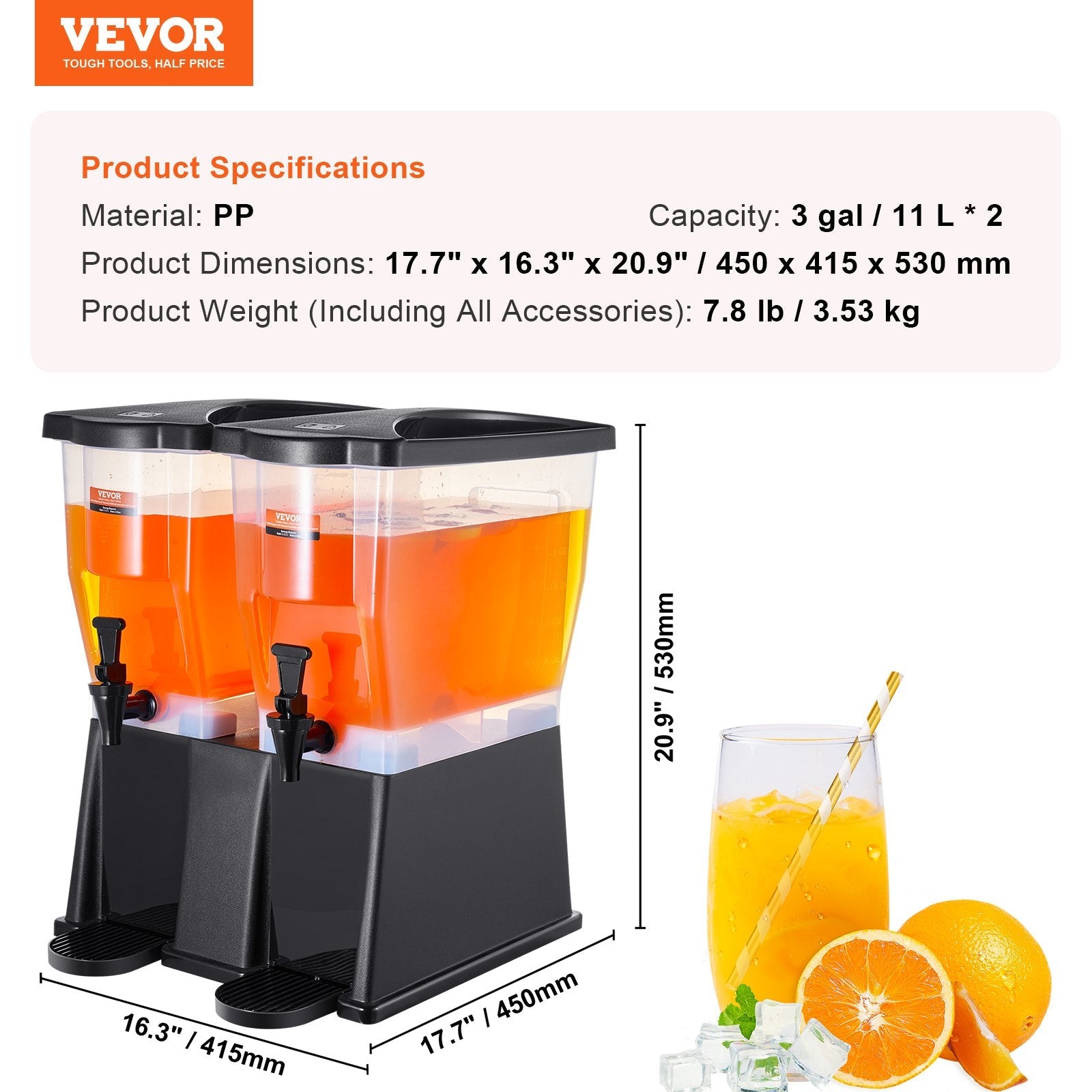 VEVOR 2 x 11.4 L dzērienu dozators ar statīvu un krānu, plastmasas, sulai, tējai, ūdens dozators