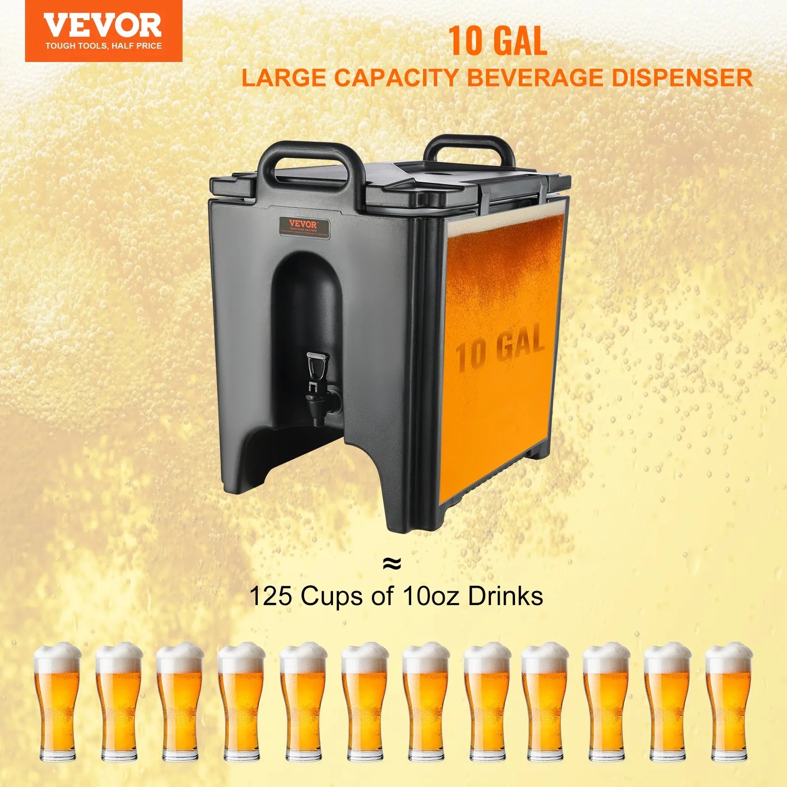 VEVOR izolētais dzērienu dozators, 37,9 L, pārtikas kvalitātes LL9450UP karsto un auksto dzērienu termo trauks ar 3 cm PU izolācijas slāni un divpakāpju krānu, piemērots restorāniem un dzērienu tirdzniecības vietām