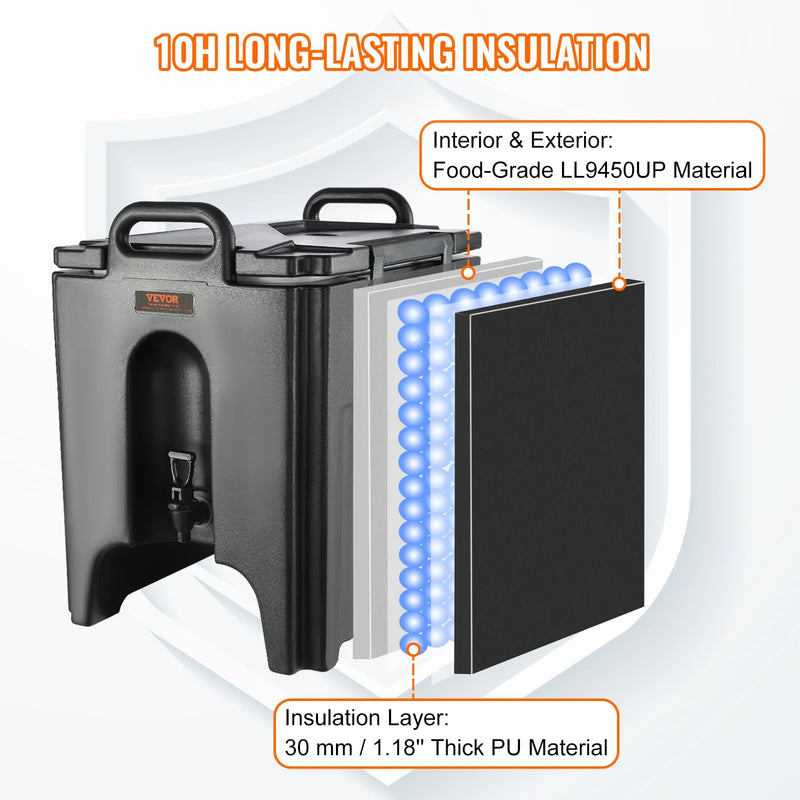 VEVOR izolētais dzērienu dozators, 37,9 L, pārtikas kvalitātes LL9450UP karsto un auksto dzērienu termo trauks ar 3 cm PU izolācijas slāni un divpakāpju krānu, piemērots restorāniem un dzērienu tirdzniecības vietām