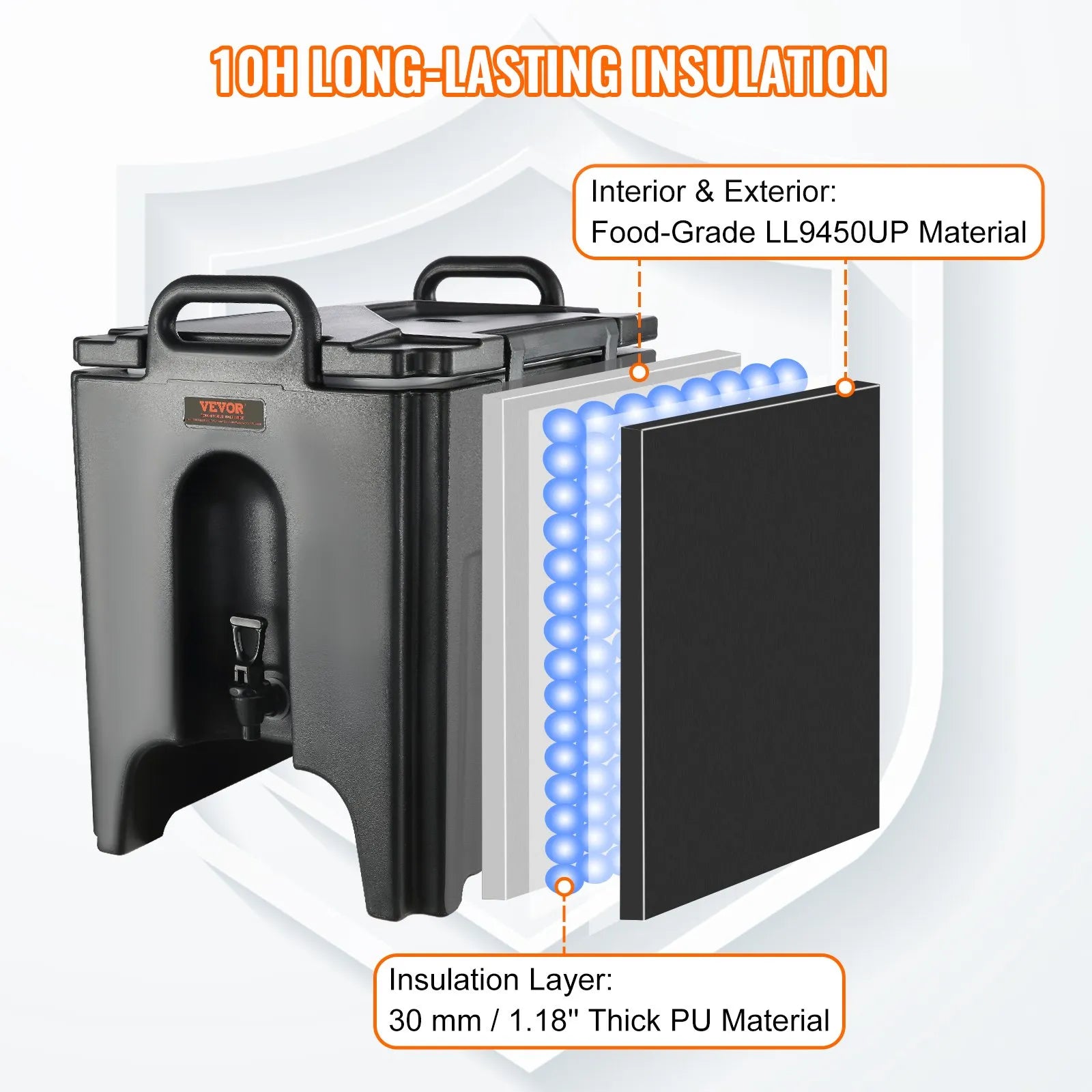 VEVOR izolētais dzērienu dozators, 37,9 L, pārtikas kvalitātes LL9450UP karsto un auksto dzērienu termo trauks ar 3 cm PU izolācijas slāni un divpakāpju krānu, piemērots restorāniem un dzērienu tirdzniecības vietām
