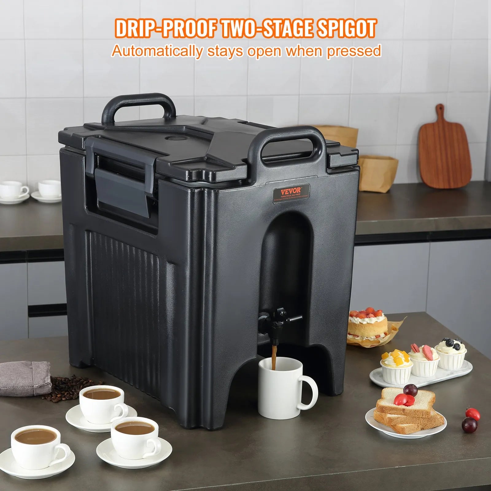 VEVOR izolētais dzērienu dozators, 37,9 L, pārtikas kvalitātes LL9450UP karsto un auksto dzērienu termo trauks ar 3 cm PU izolācijas slāni un divpakāpju krānu, piemērots restorāniem un dzērienu tirdzniecības vietām