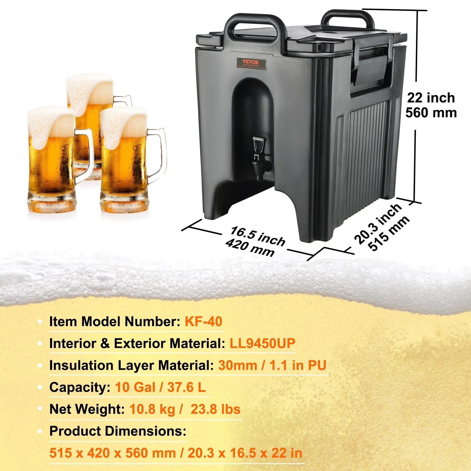 VEVOR izolētais dzērienu dozators, 37,9 L, pārtikas kvalitātes LL9450UP karsto un auksto dzērienu termo trauks ar 3 cm PU izolācijas slāni un divpakāpju krānu, piemērots restorāniem un dzērienu tirdzniecības vietām