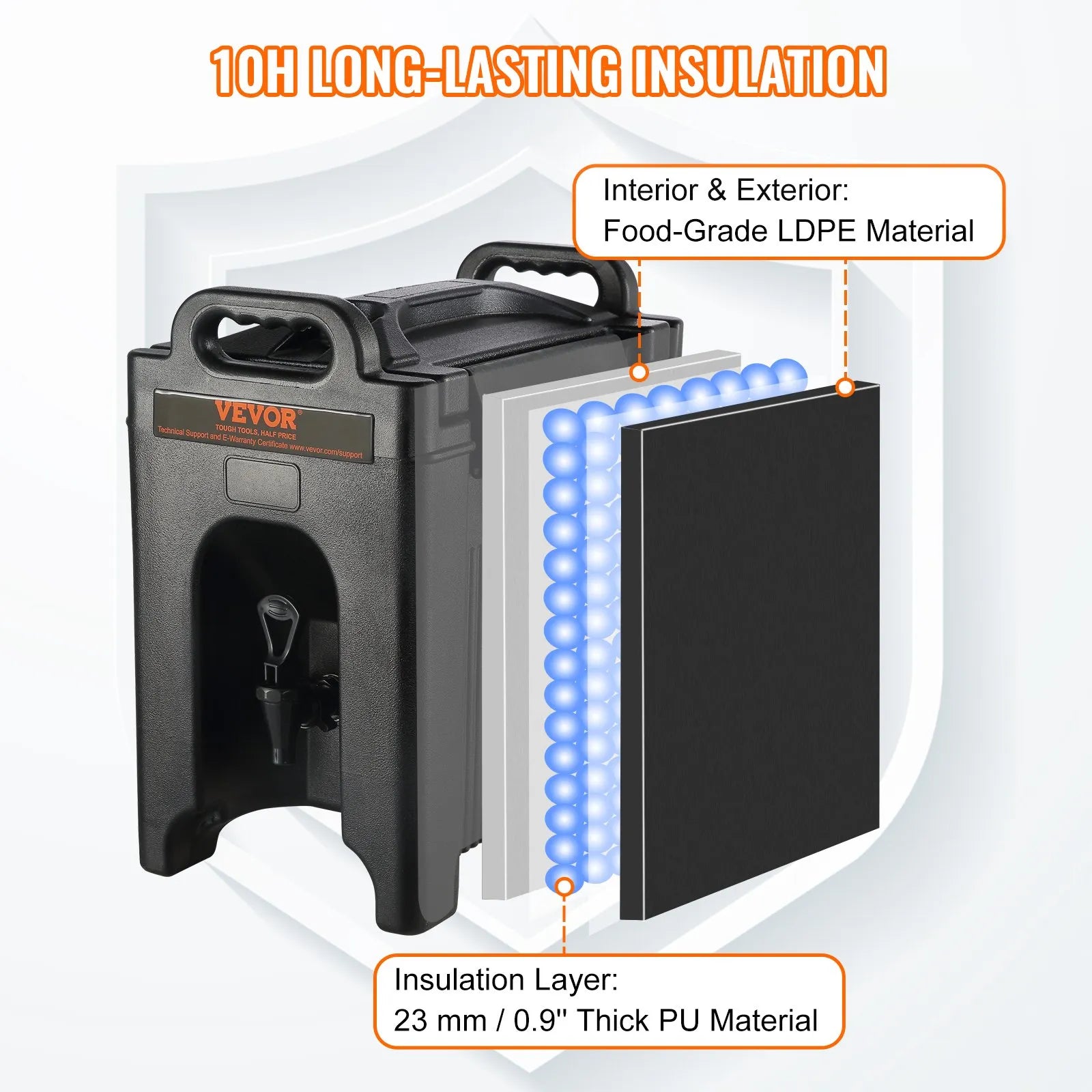 VEVOR izolētais 9.5 L LDPE dzērienu dozators ar 23 mm PU izolāciju un divpakāpju krāna rokturi, karstajiem un aukstajiem dzērieniem restorāniem un dzērienu veikaliem