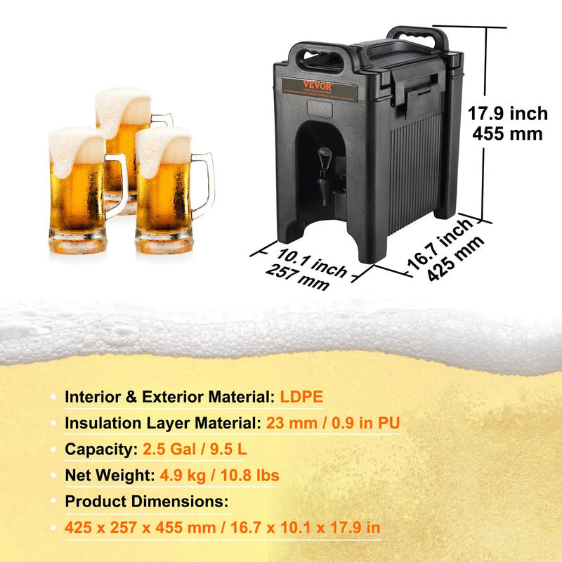 VEVOR izolētais 9.5 L LDPE dzērienu dozators ar 23 mm PU izolāciju un divpakāpju krāna rokturi, karstajiem un aukstajiem dzērieniem restorāniem un dzērienu veikaliem