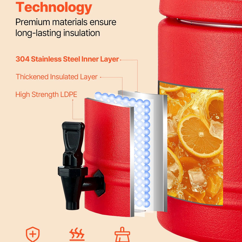 VEVOR izolētais dzērienu dozators, 8 L (2,2 gal) termo trauks karstiem un aukstiem dzērieniem ar krānu, pārtikas kvalitātes dzērienu konteiners ar 304 nerūsējošā tērauda iekšpusi, piemērots tējai, kafijai, restorāniem un āra pasākumiem