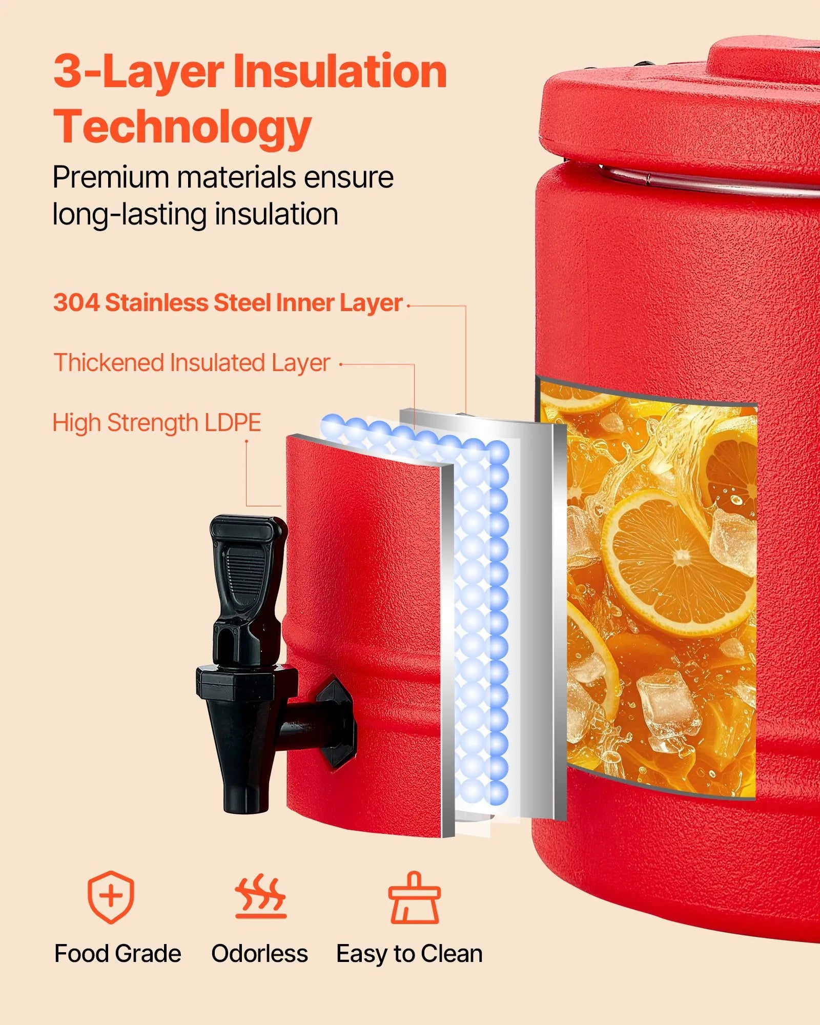 VEVOR izolētais dzērienu dozators, 8 L (2,2 gal) termo trauks karstiem un aukstiem dzērieniem ar krānu, pārtikas kvalitātes dzērienu konteiners ar 304 nerūsējošā tērauda iekšpusi, piemērots tējai, kafijai, restorāniem un āra pasākumiem