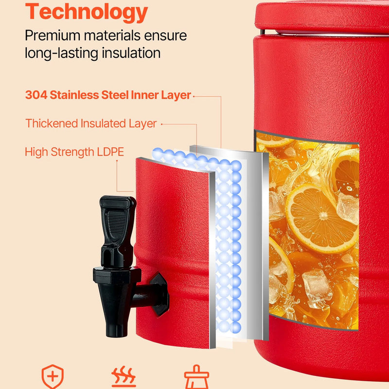 VEVOR izolētais dzērienu dozators, 30,3 L (8 gal) termo trauks karstiem un aukstiem dzērieniem ar krānu, pārtikas kvalitātes dzērienu konteiners ar 304 nerūsējošā tērauda iekšpusi, piemērots tējai, kafijai, restorāniem un āra pasākumiem