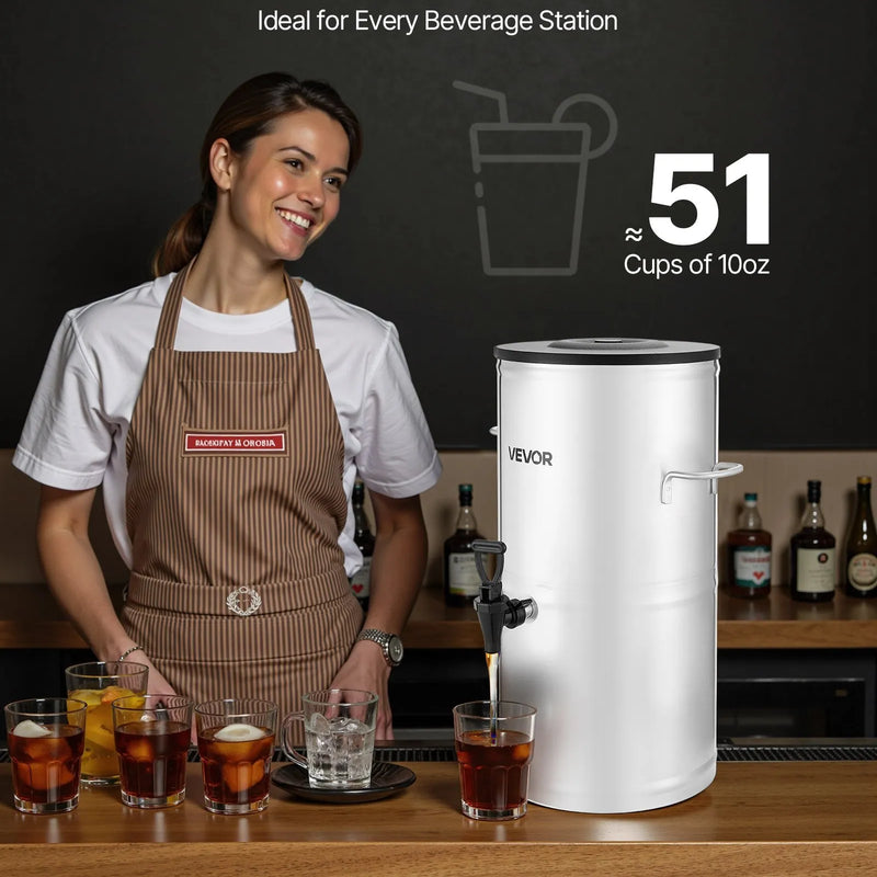 VEVOR ledus tējas dozators, 15 L (4 gal) 304 nerūsējošā tērauda dzērienu dozators ar krānu un rokturi, piemērots karstiem un aukstiem dzērieniem — ledus tējai, kafijai un ūdenim kafejnīcās un restorānos