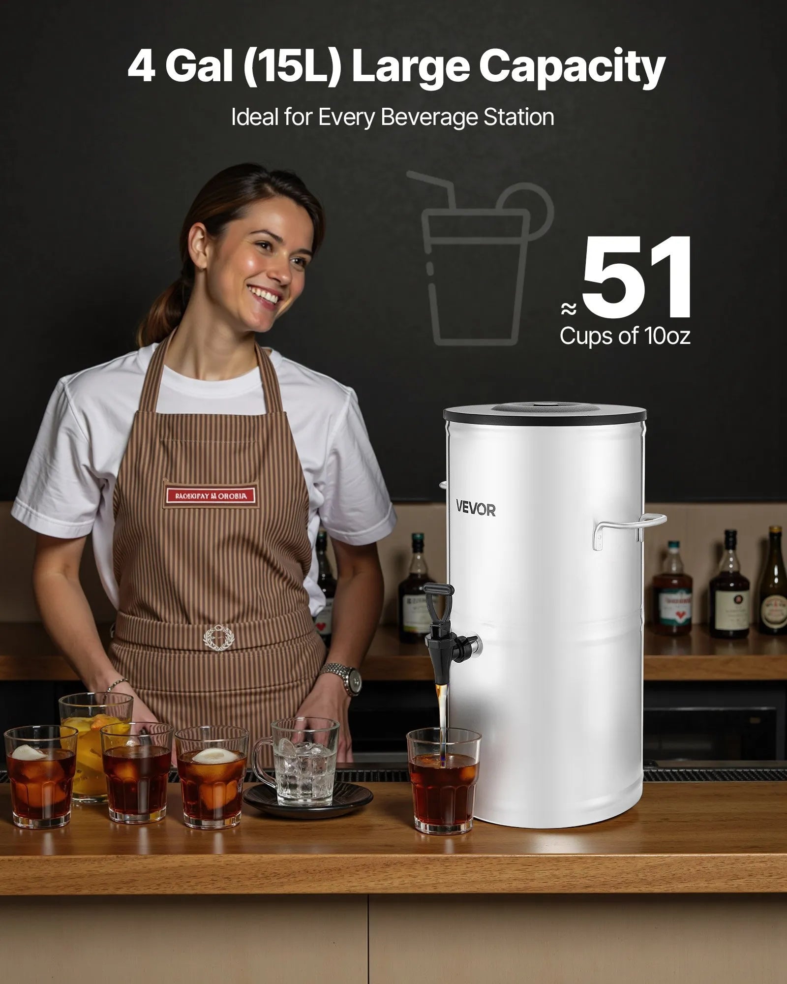 VEVOR ledus tējas dozators, 15 L (4 gal) 304 nerūsējošā tērauda dzērienu dozators ar krānu un rokturi, piemērots karstiem un aukstiem dzērieniem — ledus tējai, kafijai un ūdenim kafejnīcās un restorānos