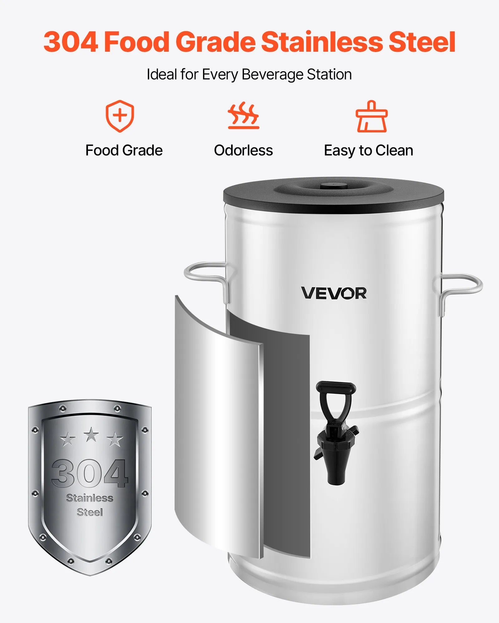 VEVOR ledus tējas dozators, 15 L (4 gal) 304 nerūsējošā tērauda dzērienu dozators ar krānu un rokturi, piemērots karstiem un aukstiem dzērieniem — ledus tējai, kafijai un ūdenim kafejnīcās un restorānos