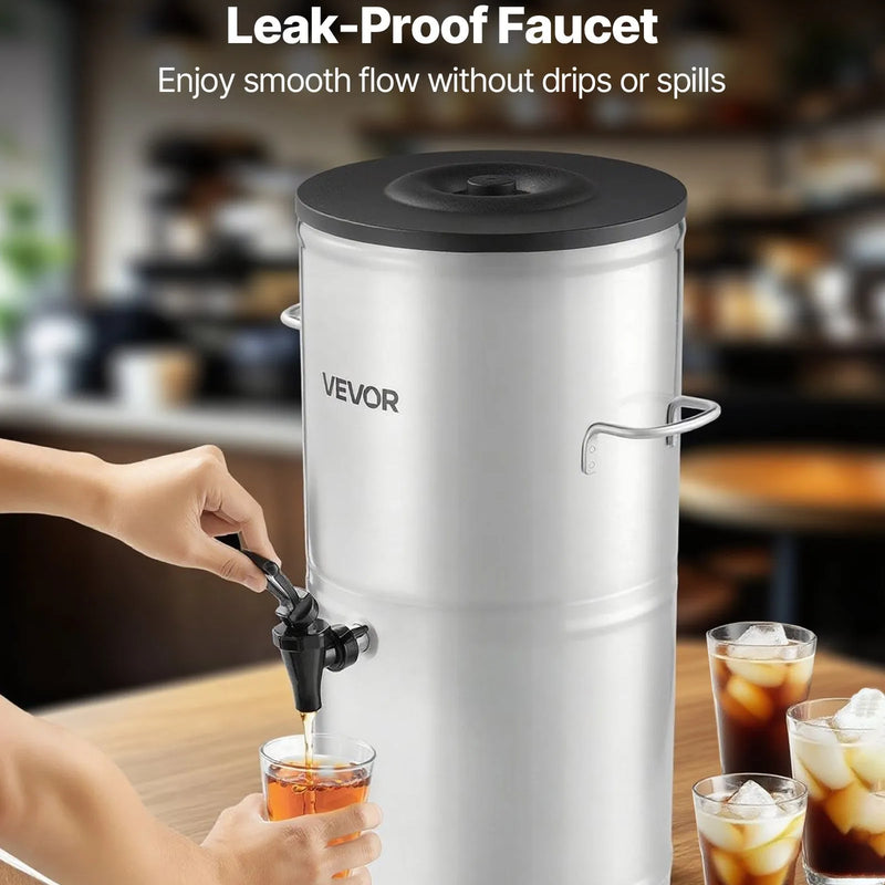 VEVOR ledus tējas dozators, 15 L (4 gal) 304 nerūsējošā tērauda dzērienu dozators ar krānu un rokturi, piemērots karstiem un aukstiem dzērieniem — ledus tējai, kafijai un ūdenim kafejnīcās un restorānos