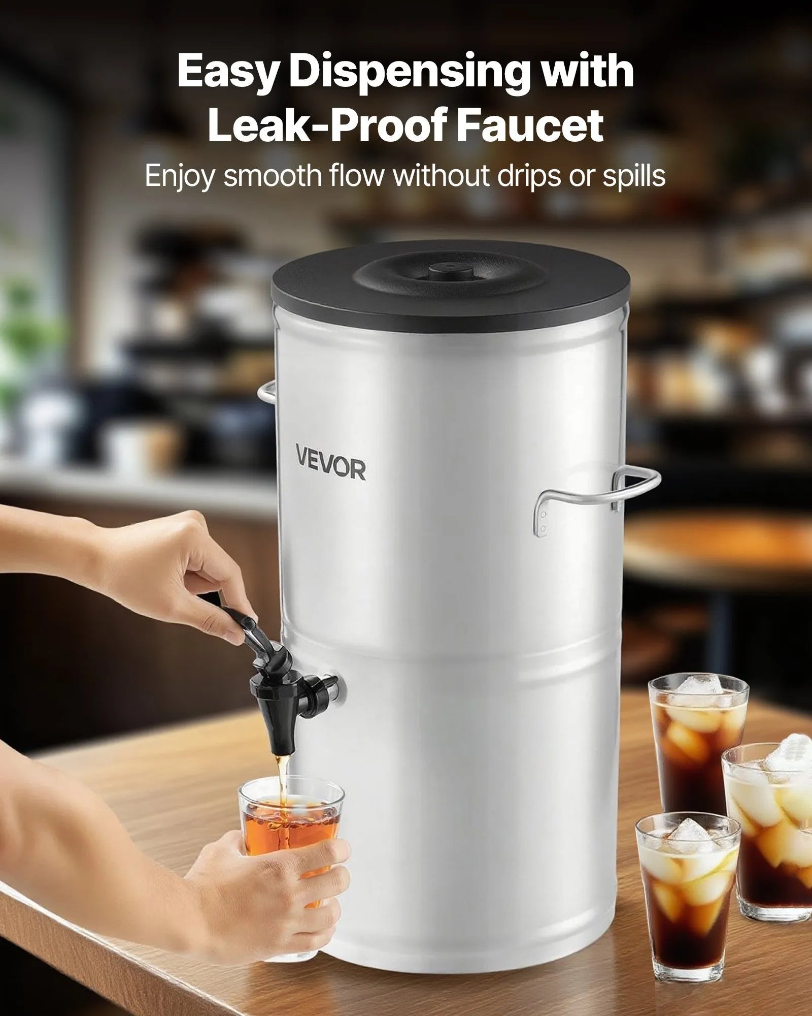 VEVOR ledus tējas dozators, 15 L (4 gal) 304 nerūsējošā tērauda dzērienu dozators ar krānu un rokturi, piemērots karstiem un aukstiem dzērieniem — ledus tējai, kafijai un ūdenim kafejnīcās un restorānos