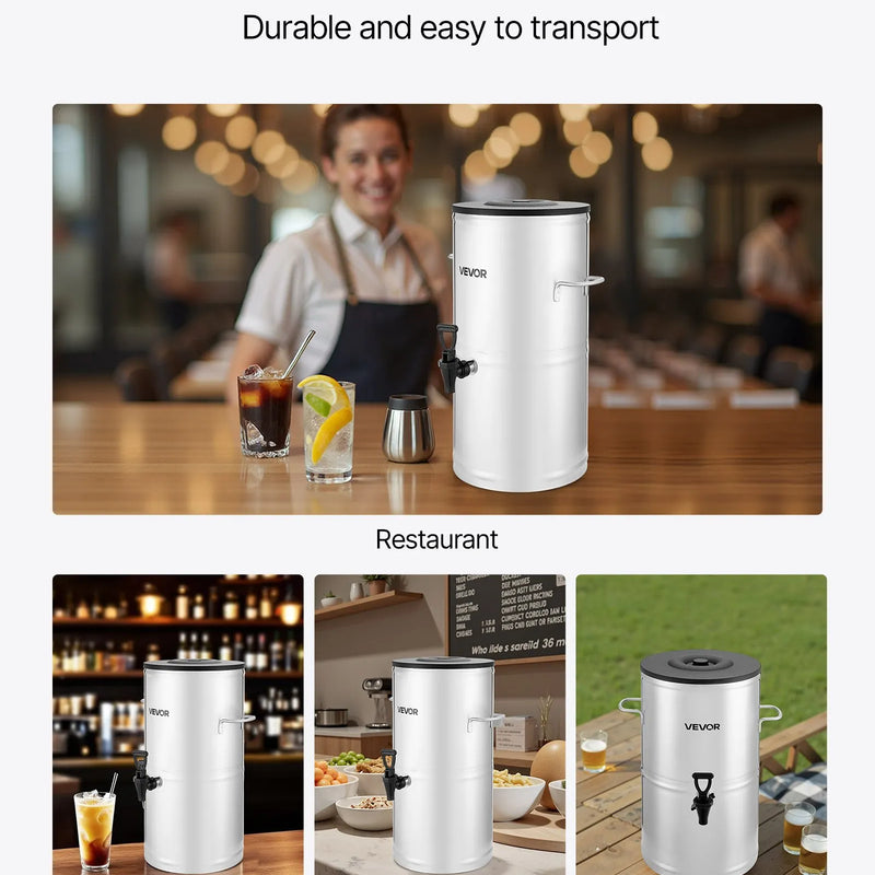 VEVOR ledus tējas dozators, 15 L (4 gal) 304 nerūsējošā tērauda dzērienu dozators ar krānu un rokturi, piemērots karstiem un aukstiem dzērieniem — ledus tējai, kafijai un ūdenim kafejnīcās un restorānos