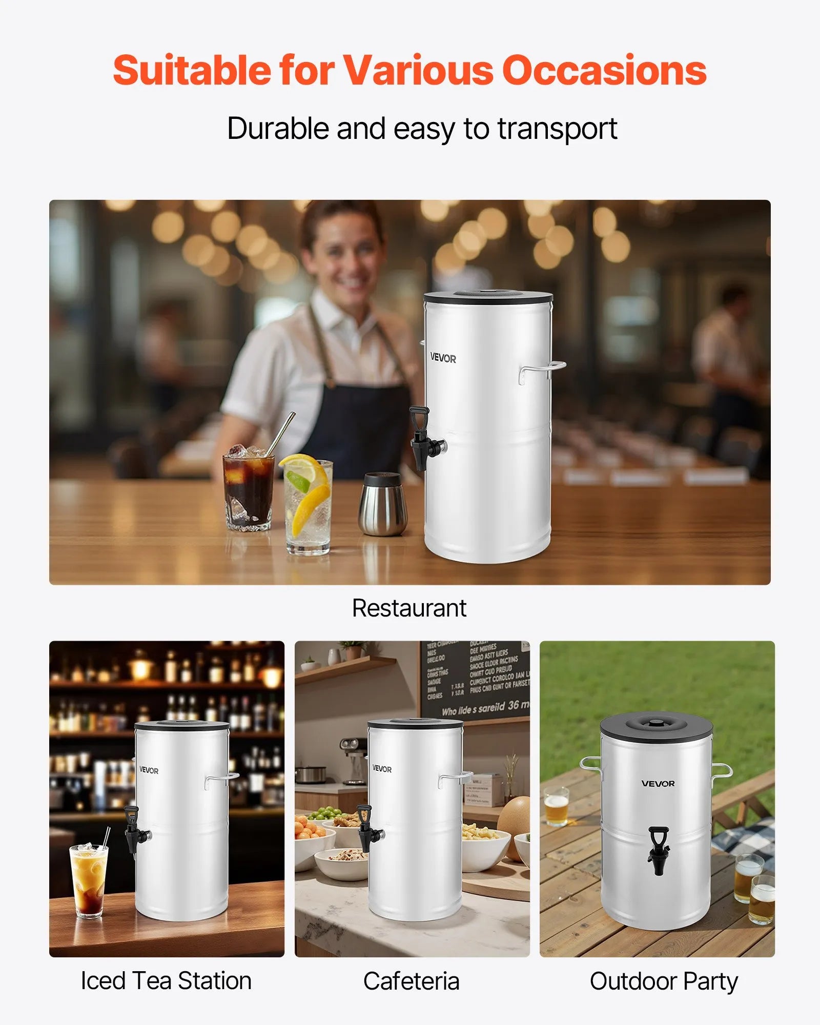 VEVOR ledus tējas dozators, 15 L (4 gal) 304 nerūsējošā tērauda dzērienu dozators ar krānu un rokturi, piemērots karstiem un aukstiem dzērieniem — ledus tējai, kafijai un ūdenim kafejnīcās un restorānos