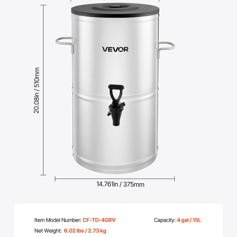 VEVOR ledus tējas dozators, 15 L (4 gal) 304 nerūsējošā tērauda dzērienu dozators ar krānu un rokturi, piemērots karstiem un aukstiem dzērieniem — ledus tējai, kafijai un ūdenim kafejnīcās un restorānos