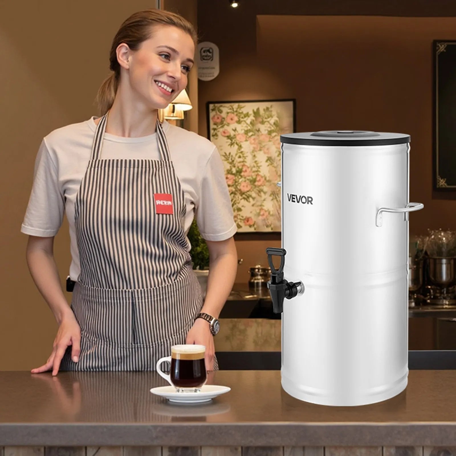VEVOR ledus tējas dozators, 15 L (4 gal) 304 nerūsējošā tērauda dzērienu dozators ar krānu un rokturi, piemērots karstiem un aukstiem dzērieniem — ledus tējai, kafijai un ūdenim kafejnīcās un restorānos