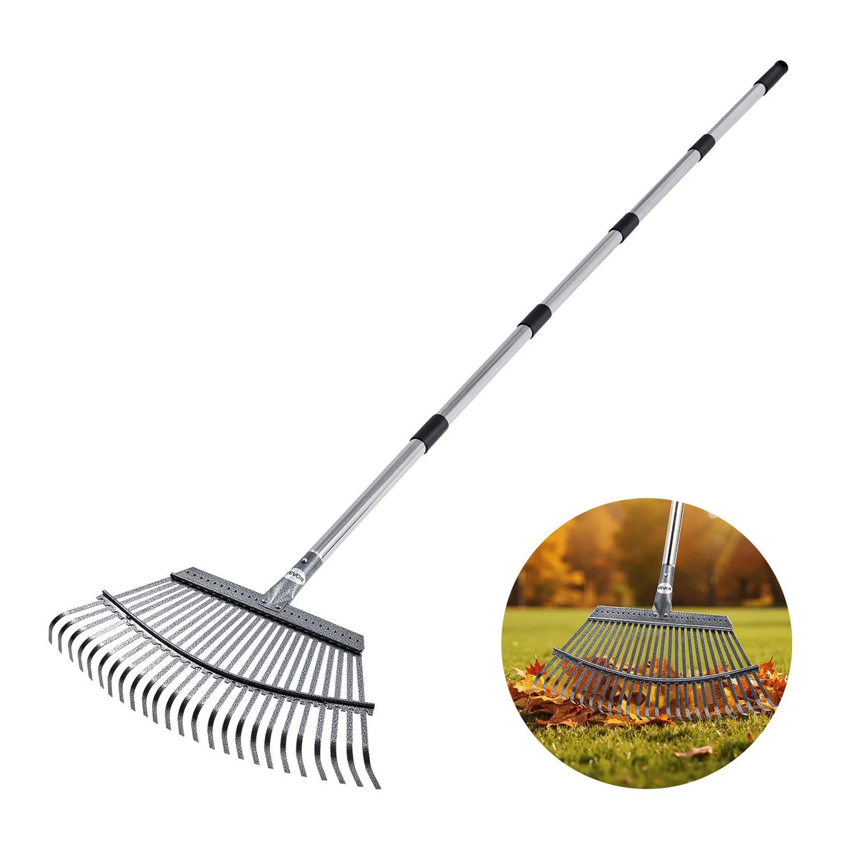 VEVOR Lapu grābeklis, 25 metāla zobi, regulējams 46,5 cm darba platums, 92,5–185 cm rokturis, nerūsējošais tērauds