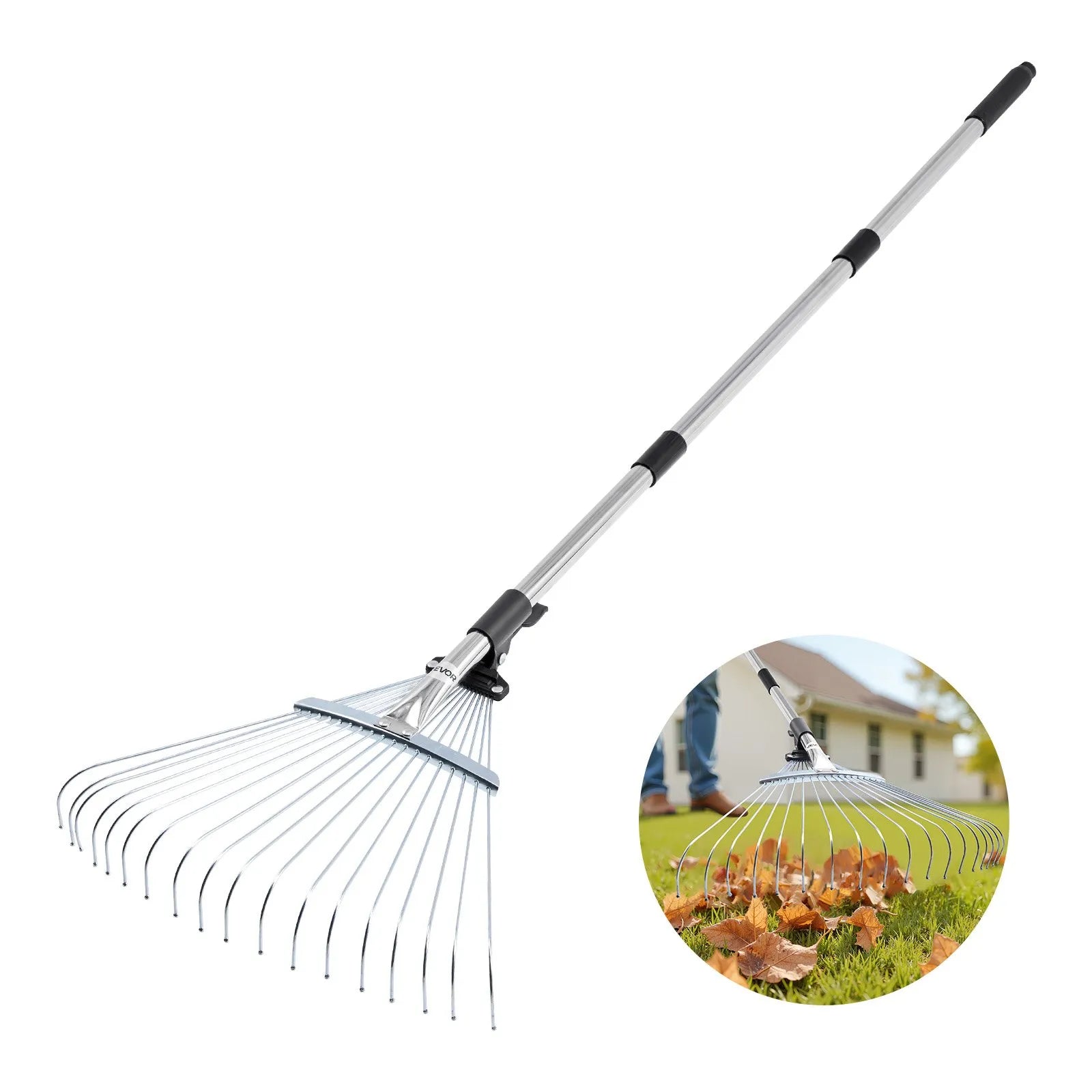 VEVOR Lapu grābeklis, 18 metāla zobi, regulējams 19,5–43,5 cm darba platums, 82–141 cm rokturis, nerūsējošais tērauds