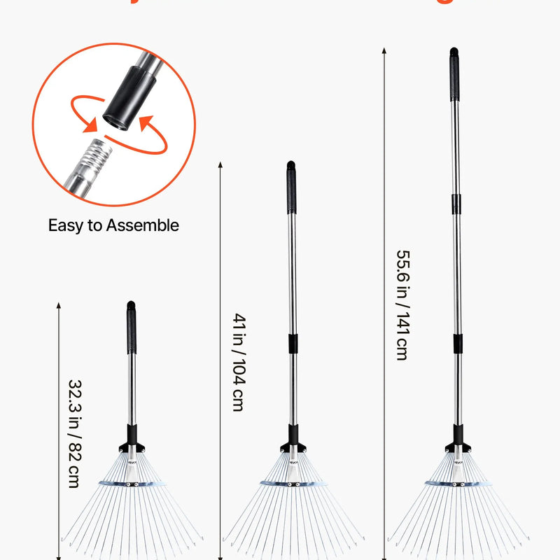 VEVOR Lapu grābeklis, 18 metāla zobi, regulējams 19,5–43,5 cm darba platums, 82–141 cm rokturis, nerūsējošais tērauds