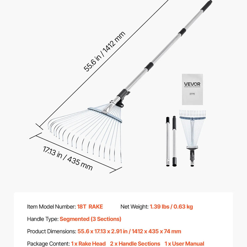 VEVOR Lapu grābeklis, 18 metāla zobi, regulējams 19,5–43,5 cm darba platums, 82–141 cm rokturis, nerūsējošais tērauds