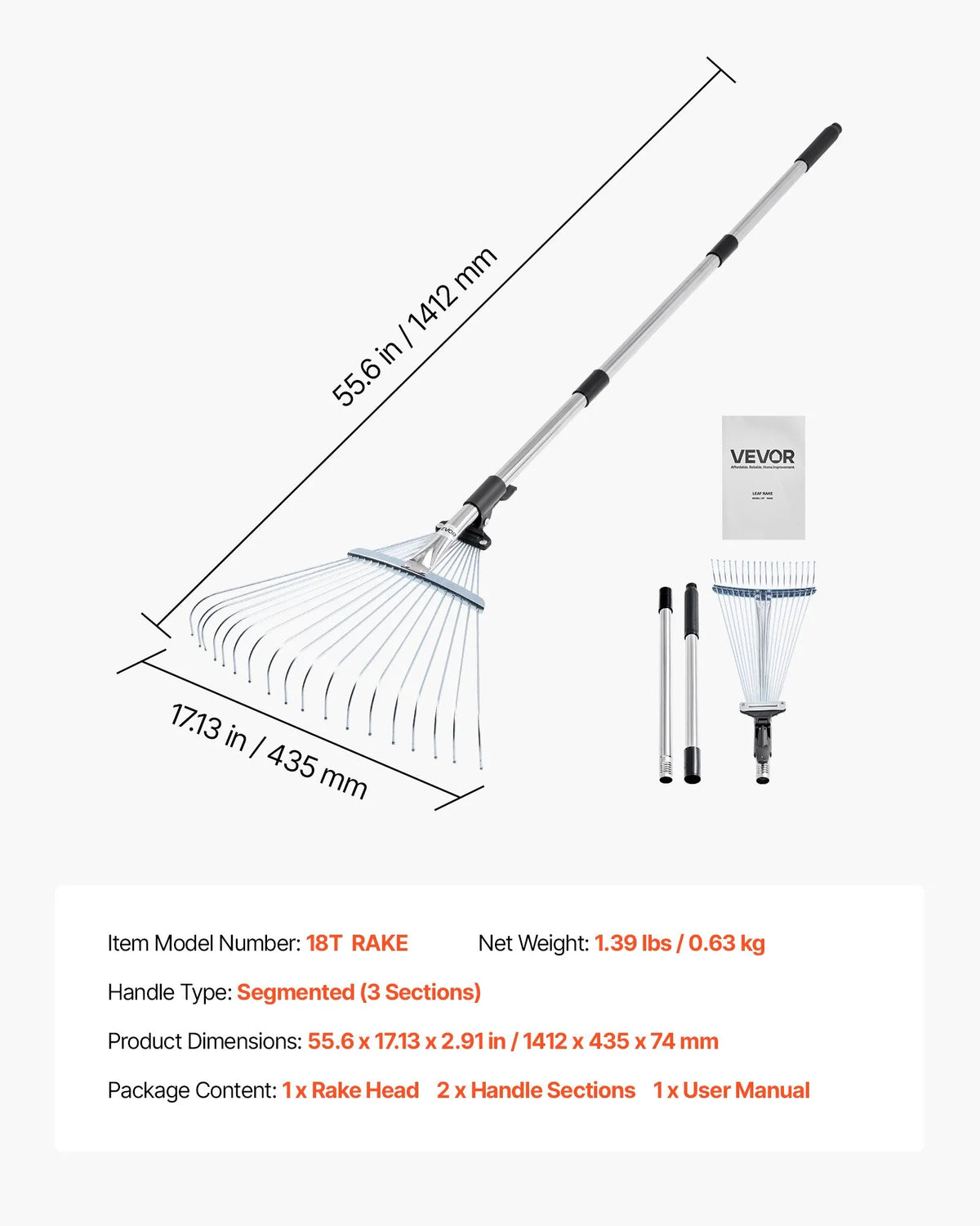VEVOR Lapu grābeklis, 18 metāla zobi, regulējams 19,5–43,5 cm darba platums, 82–141 cm rokturis, nerūsējošais tērauds