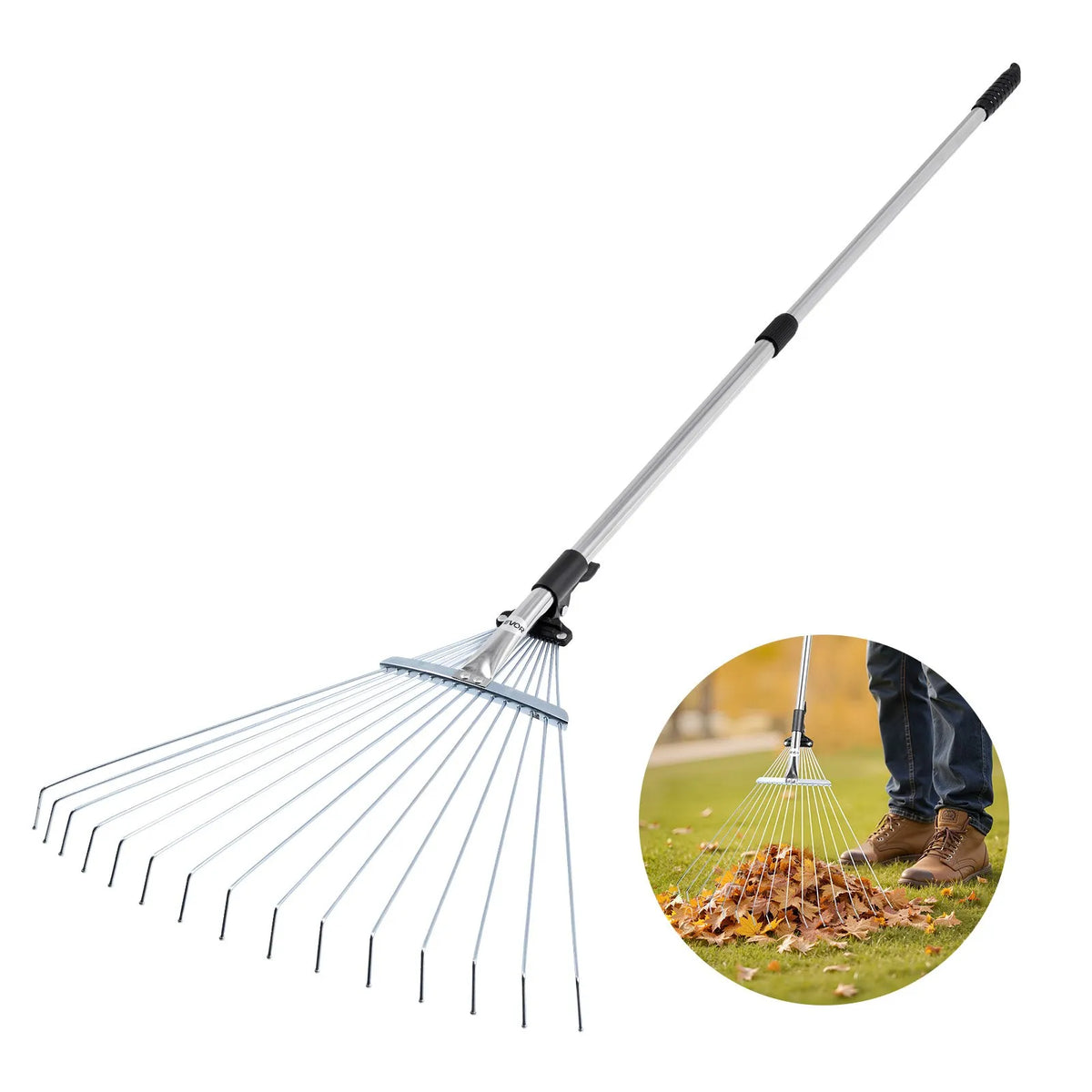 VEVOR Lapu grābeklis, 15 metāla zobi, regulējams 19–57 cm darba platums, 81,3–160 cm rokturis, nerūsējošais tērauds