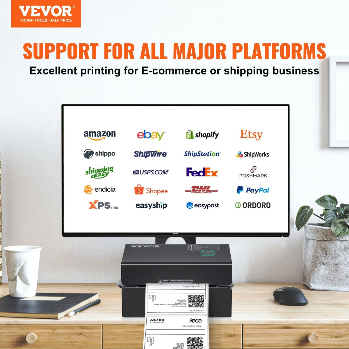 VEVOR termodrukas etiķešu printeris, 300 DPI, 4×6 sūtījumu etiķetēm, Bluetooth, automātiska etiķešu atpazīšana, saderīgs ar Windows, macOS, Linux, Chromebook, Android, iOS, Amazon, eBay, Etsy u.c., melns