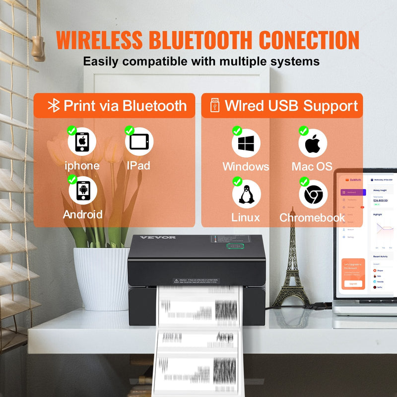 VEVOR termodrukas etiķešu printeris, 300 DPI, 4×6 sūtījumu etiķetēm, Bluetooth, automātiska etiķešu atpazīšana, saderīgs ar Windows, macOS, Linux, Chromebook, Android, iOS, Amazon, eBay, Etsy u.c., melns