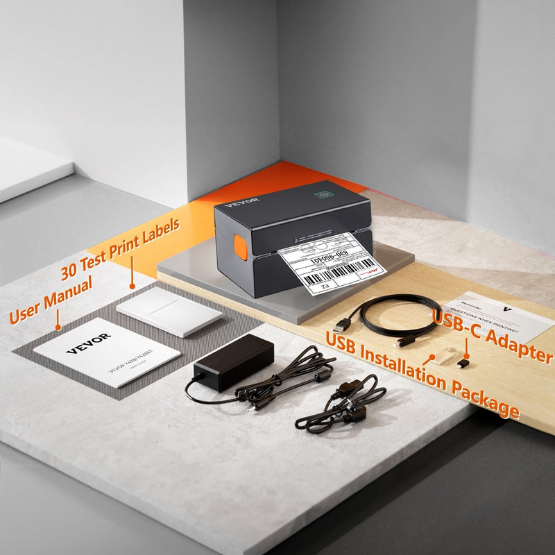 VEVOR termodrukas etiķešu printeris, 300 DPI, 4×6 sūtījumu etiķetēm, Bluetooth, automātiska etiķešu atpazīšana, saderīgs ar Windows, macOS, Linux, Chromebook, Android, iOS, Amazon, eBay, Etsy u.c., melns