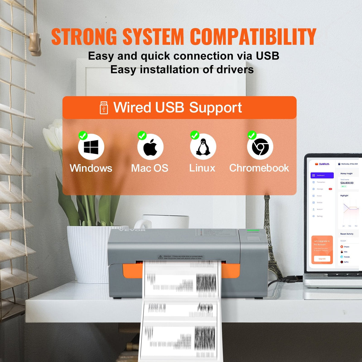 VEVOR termodrukas etiķešu printeris, 203 DPI, 60 gab./min, 4×6 sūtījumu etiķetēm, USB savienojums, automātiska etiķešu atpazīšana, saderīgs ar Windows, macOS, Linux, Amazon, eBay, Etsy, UPS u.c., pelēks