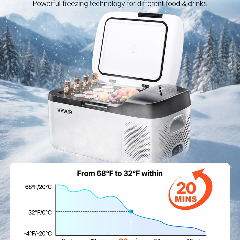 VEVOR automašīnas ledusskapis–saldētava, kompresora dzesētājs DC 12/24 V un AC 100–240 V, temperatūras diapazons −20 °C līdz +20 °C, ar lietotnes vadību, 15 l ietilpība, 60 W pārnēsājams saldētājs kemperiem, kempingam, laivām un makšķerēšanai