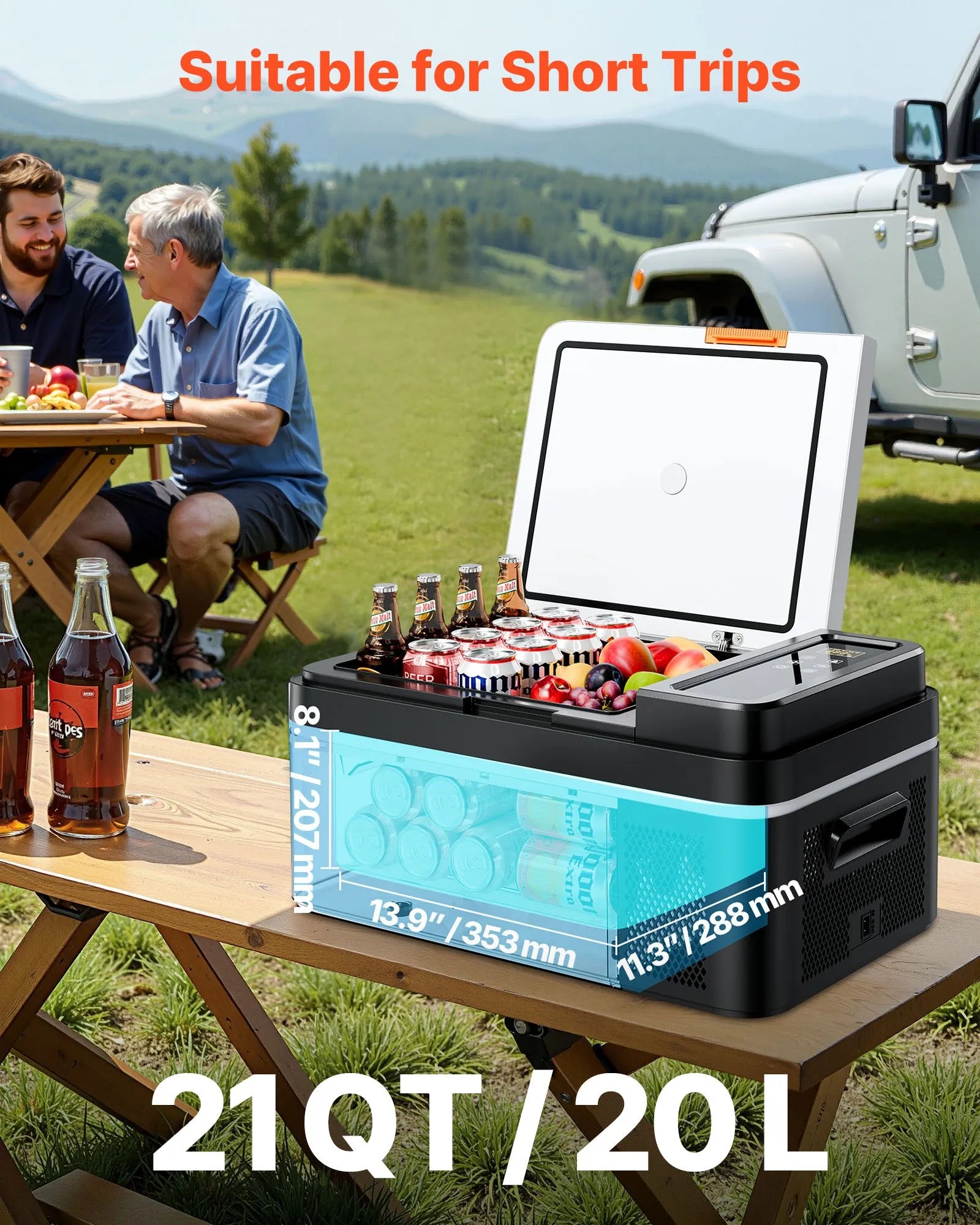 VEVOR automašīnas ledusskapis–saldētava, kompresora dzesētājs DC 12/24 V un AC 100–240 V, temperatūras diapazons −20 °C līdz +20 °C, ar lietotnes vadību, 20 l ietilpība, 60 W pārnēsājams saldētājs kemperiem, kempingam, laivām un makšķerēšanai
