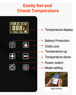 VEVOR automašīnas ledusskapis–saldētava, kompresora dzesētājs DC 12/24 V un AC 100–240 V, temperatūras diapazons −20 °C līdz +20 °C, ar lietotnes vadību, 20 l ietilpība, 60 W pārnēsājams saldētājs kemperiem, kempingam, laivām un makšķerēšanai