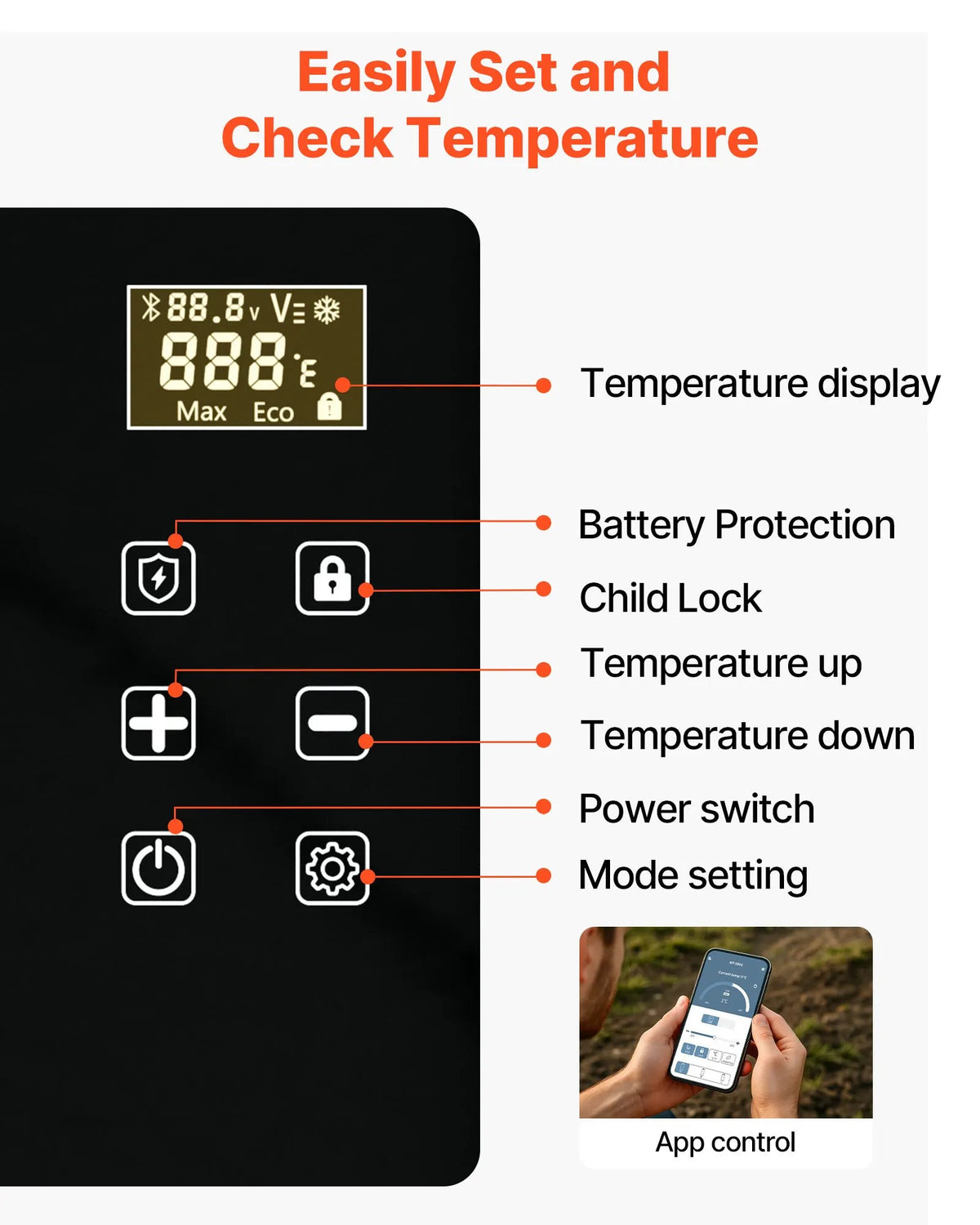 VEVOR automašīnas ledusskapis–saldētava, kompresora dzesētājs DC 12/24 V un AC 100–240 V, temperatūras diapazons −20 °C līdz +20 °C, ar lietotnes vadību, 20 l ietilpība, 60 W pārnēsājams saldētājs kemperiem, kempingam, laivām un makšķerēšanai