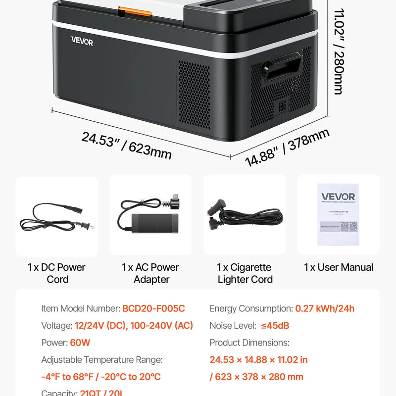 VEVOR automašīnas ledusskapis–saldētava, kompresora dzesētājs DC 12/24 V un AC 100–240 V, temperatūras diapazons −20 °C līdz +20 °C, ar lietotnes vadību, 20 l ietilpība, 60 W pārnēsājams saldētājs kemperiem, kempingam, laivām un makšķerēšanai