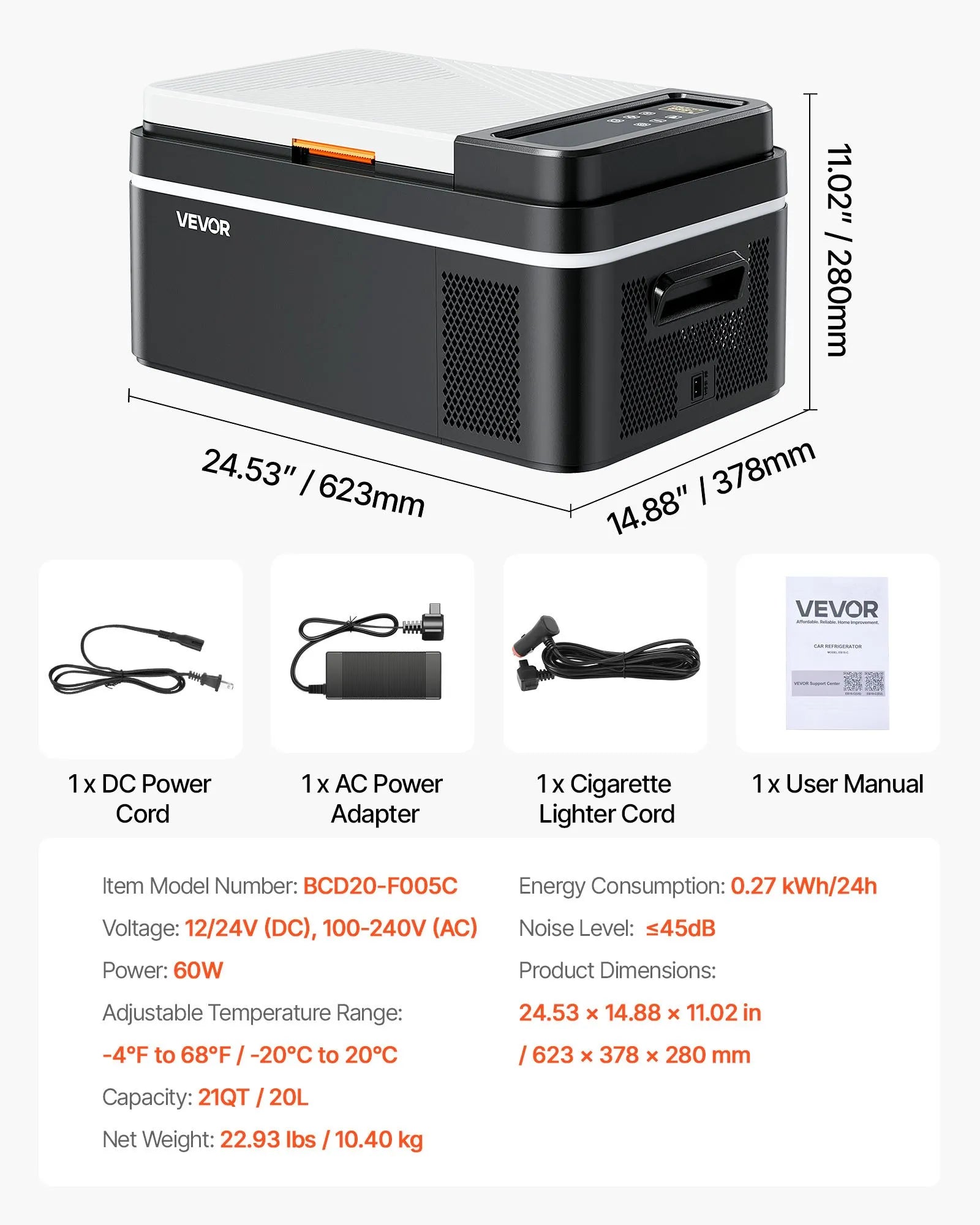 VEVOR automašīnas ledusskapis–saldētava, kompresora dzesētājs DC 12/24 V un AC 100–240 V, temperatūras diapazons −20 °C līdz +20 °C, ar lietotnes vadību, 20 l ietilpība, 60 W pārnēsājams saldētājs kemperiem, kempingam, laivām un makšķerēšanai